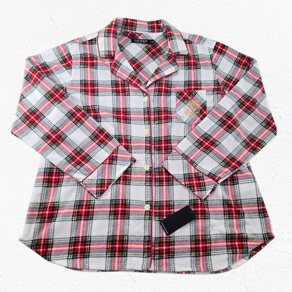 Lauren Ralph Lauren Ivory Red Green Tartan Plaid Fleece Pajama Set Size XL NWT
